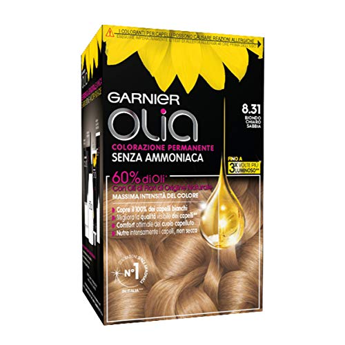 Garnier - Tinte Olia para el cabello, coloración permanente sin amoniaco de fragancia delicada, cubre el 100% de las canas, color rubio claro arena, paquete de 1 unidad