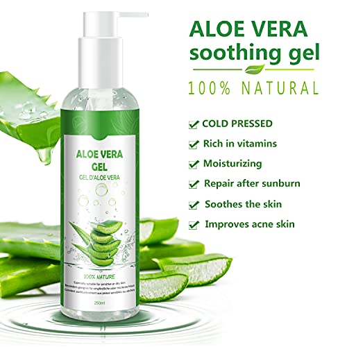 Gel de Aloe Vera 100% Puro,250 ML Aloe Vera Crema Natural,Gel Hidratante para Cara,Cabello y Cuerpo,Ideal para el Acné,Pieles Secas y Quemadas Solares,Calmante,Nutritiva y Antisensible| con Bomba…