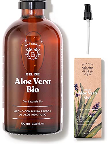 GEL DE ALOE VERA ORGÁNICO | Hecho con Pulpa Fresca de Aloe 100% Puro y Lavanda | Sin Xantano | Rostro, Contorno de Ojos, Cuerpo, Cabello | Botella de vidrio + Bomba (100ml)