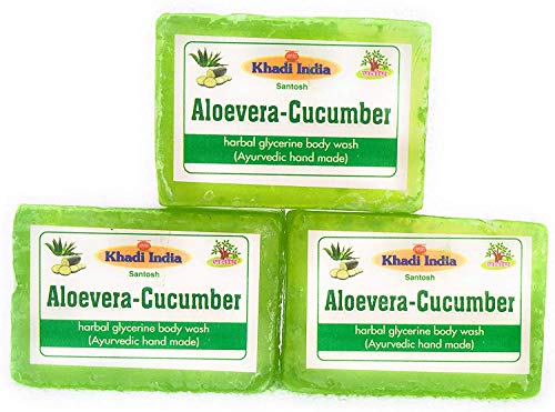 Glamorous Hub Khadi India Herbal Aloevera & Cocumber Jabón de baño de glicerina ayurvédica hecho a mano, paquete de 3 x 125 g (el embalaje puede variar)