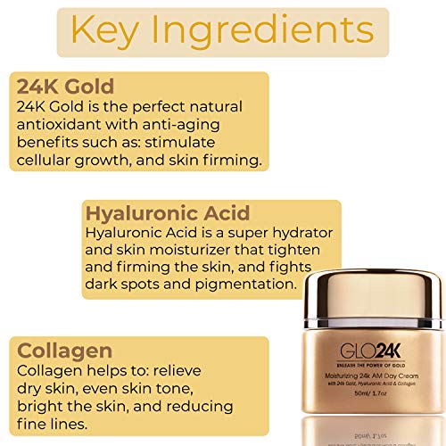 GLO24K Crema de día hidratante con 24k, antienvejecimiento con vitaminas, ácido hialurónico, colágeno