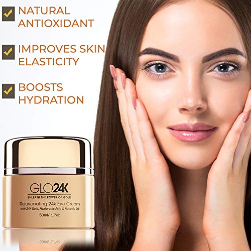 GLO24K crema para los ojos con oro de 24 k, formula antienvejecimiento con vitaminas, ‡cido hialur—nico, aceite de rosa mosqueta