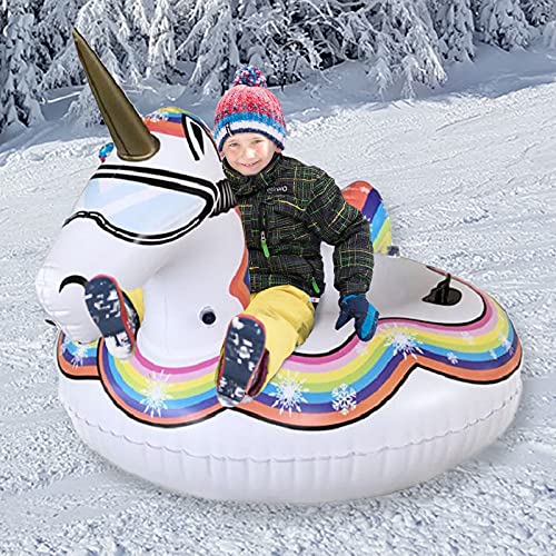 Gogokids Deslizadores Hinchables de Nieve - Trineo de Nieve con Asas para el Parque Acuático de Esquí de Invierno, Inflado Suave Círculo de Esquí para Niños y Adultos, Caballo Blanco