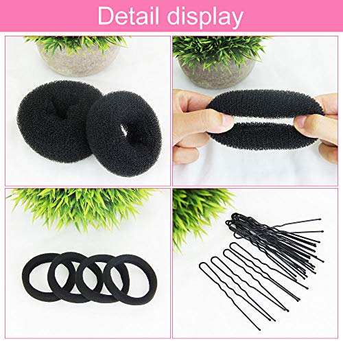 GOLRISEN Accesorios de Peinado Kit, Incluye 10 Donuts para El Pelo, 20 Horquillas en Forma de U y 5 Gomas de Pelo Negras, Donas para El Cabello de 3 Tamaños, Ideal para Mujeres Niñas, para Hacer Moños