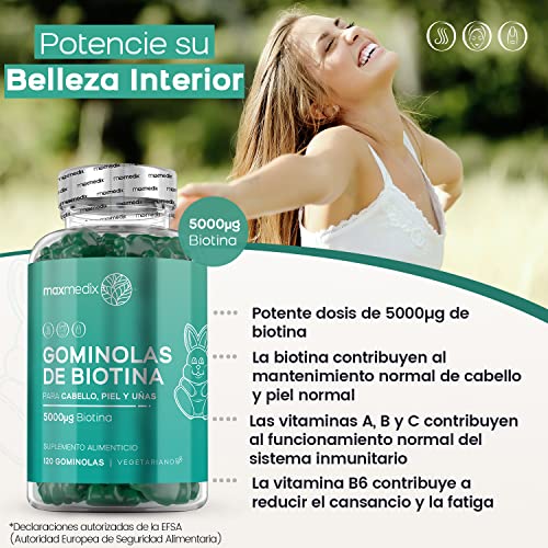 Gominolas De Biotina 5000 mcg Alta Dosis 60 Unidades - Para Crecimiento Cabello, Piel y Uñas, Suplemento con Biotina, Zinc, Ácido Fólico, Vitamina C, A,Vitamina B12, B6, Sabor Arándano y Frambuesa