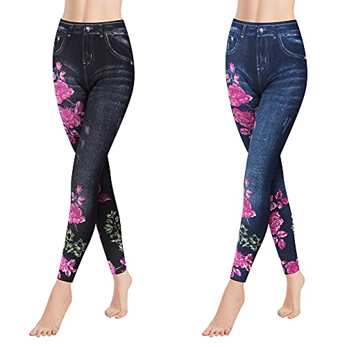 GoVIA Pack de 2 Señoras Estampado Polainas Jeans Look Denim Pantalones Modernas Casual Cintura Alta Estiramiento Leggins Elástico 4159 Negro Azul