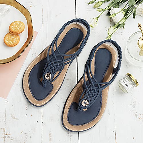 gracosy Sandalias Planas Verano Mujer Estilo Bohemia Zapatos de Dedo Sandalias Talla Grande Cinta Casuales Playa Chanclas Romanas de Mujer 2020 Azul Negro Moda