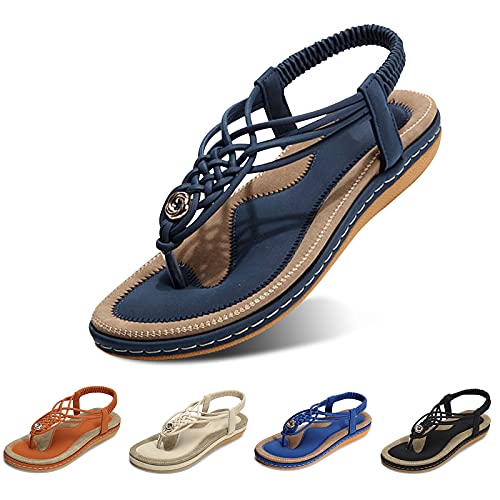 gracosy Sandalias Planas Verano Mujer Estilo Bohemia Zapatos de Dedo Sandalias Talla Grande Cinta Casuales Playa Chanclas Romanas de Mujer 2020 Azul Negro Moda