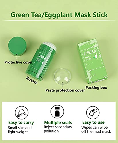 Green Stick Mask, Green Tea Cleansing Mask, Mascarilla Limpiadora Facial, Mascarilla Purificadora de Té Verde y Berenjena para limpieza del acné,Hidratar Piel Control de Aceite Anti Acné(2 Sticks)