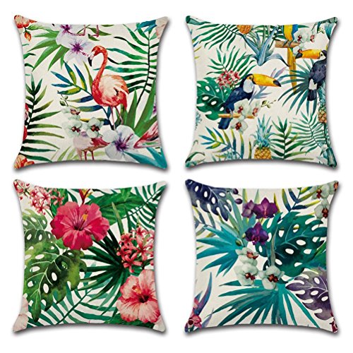 Gspirit 4 Pack Tropical Flamenco Flor Hojas Algodón Lino Throw Pillow Case Decorativo Funda e Almohada 45x45cm