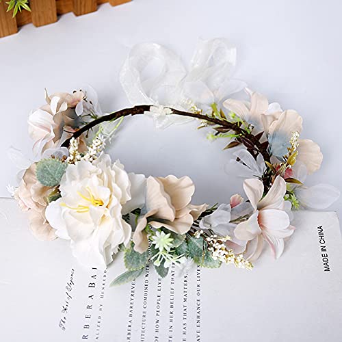 HAOSHICS Guirnalda de corona floral de simulación para el pelo, diadema de flores para novia, diadema con cinta para bodas, viajes, vacaciones, fiesta de fotos (polvo helado)