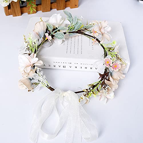 HAOSHICS Guirnalda de corona floral de simulación para el pelo, diadema de flores para novia, diadema con cinta para bodas, viajes, vacaciones, fiesta de fotos (polvo helado)