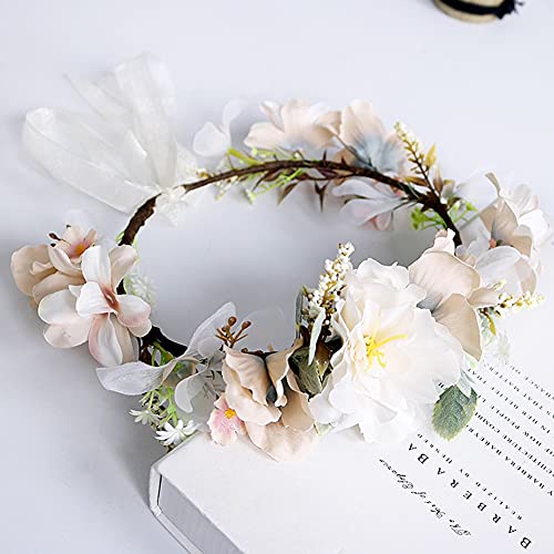 HAOSHICS Guirnalda de corona floral de simulación para el pelo, diadema de flores para novia, diadema con cinta para bodas, viajes, vacaciones, fiesta de fotos (polvo helado)