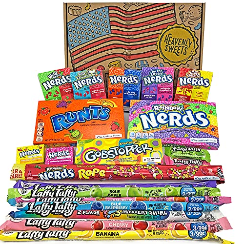 Heavenly Sweets Dulces Nerds Cesta Caramelos - Selection Americana con Surtido Nerds Rainbow, Mini, Laffy Taffy - Regalo Cumpleaños, Navidad, Día de San Valentín, Pascua - Pack de 28x19x4cm