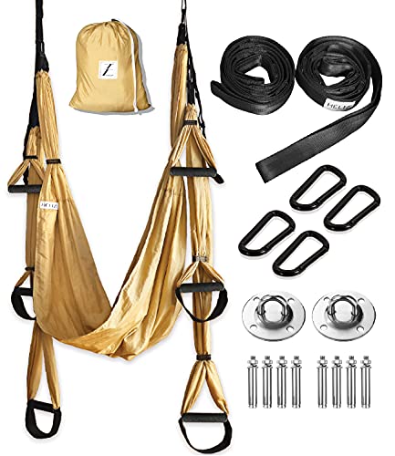 HELIZ® Columpio de Yoga & Meditación | Juego Completo | Hamaca Yoga Aéreo con 6*Brazos 6*Asas y 4*Soportes para los pies (Dorado)