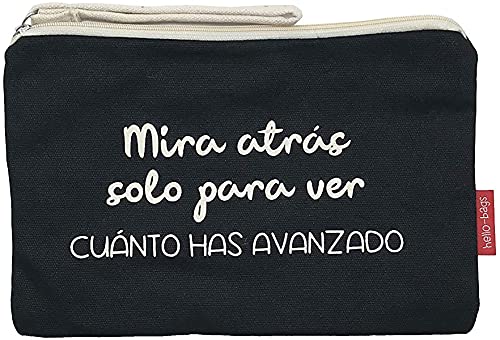 Hello-Bags. Bolso Neceser/Cartera de Mano. Algodón 100%. Modelo MIRAATRAS. Negro. con Cremallera y Forro Interior. 23 * 15,5 cm. Incluye Bonito sobre Kraft de Regalo.