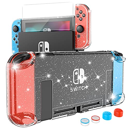 HEYSTOP Carcasa Nintendo Switch, Funda Nintendo Switch con Protector de Pantalla para Nintendo Switch Console y Joy Cons con 4 Agarres para el Pulgar, Nueva Actualización 2021 Clear Glitter Edition