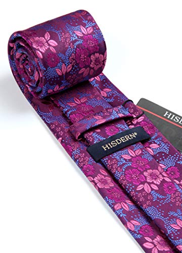 HISDERN Extra largo Floral Paisley lazo del panuelo Hombres Corbata & Plaza de bolsillo Conjunto Rosado azul