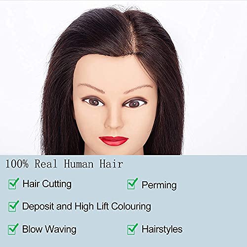 HLRM Cabeza Peluqueria con Cabello Humano Real 100%, Cabeza de Maniquí para Blanquear y Teñir, Cosmetología de Cabeza de Barbero, Cabeza de Muñeco (soporte de abrazadera de mesa incluido)