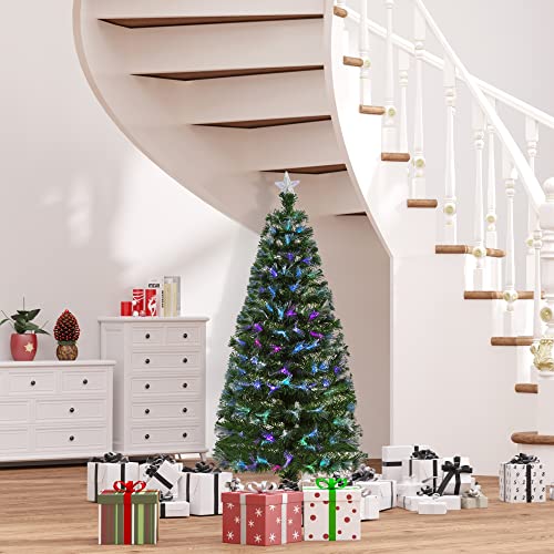 HOMCOM Árbol de Navidad 150cm Artificial Árboles con 180 Luces LED 7 Colores y Estrella Decorativa Brillante Árbol con Soporte Fibra Óptica