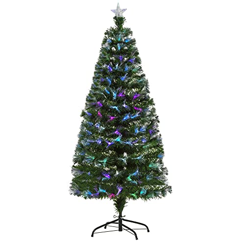 HOMCOM Árbol de Navidad 150cm Artificial Árboles con 180 Luces LED 7 Colores y Estrella Decorativa Brillante Árbol con Soporte Fibra Óptica