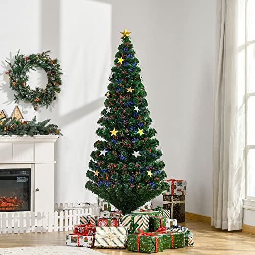 HOMCOM Árbol de Navidad Artificial Árboles de Abeto 180cm con Soporte Decoraciones Navideñas Copos de Estrella Fibra Óptica Brillante LED Multicolor Ignífugo