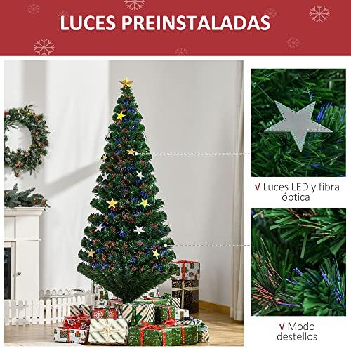 HOMCOM Árbol de Navidad Artificial Árboles de Abeto 180cm con Soporte Decoraciones Navideñas Copos de Estrella Fibra Óptica Brillante LED Multicolor Ignífugo