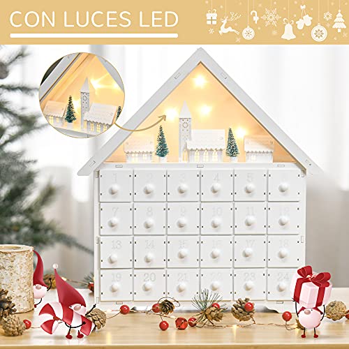 HOMCOM Calendario de Adviento de Navidad Madera con 24 Cajones y Luces LED Decoración Navideña Modelo Casita 39x9x42 cm Blanco