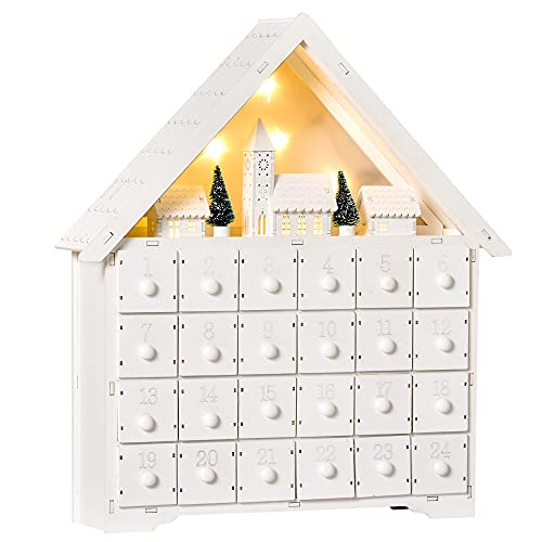 HOMCOM Calendario de Adviento de Navidad Madera con 24 Cajones y Luces LED Decoración Navideña Modelo Casita 39x9x42 cm Blanco