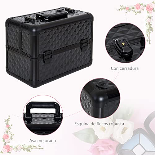 HOMCOM Estuche de Maquillaje Maletín para Maquillaje Organizador Cosméticos Profesional Caja de Belleza Portátil 4 Niveles 35.5x20x25.5cm Aluminio