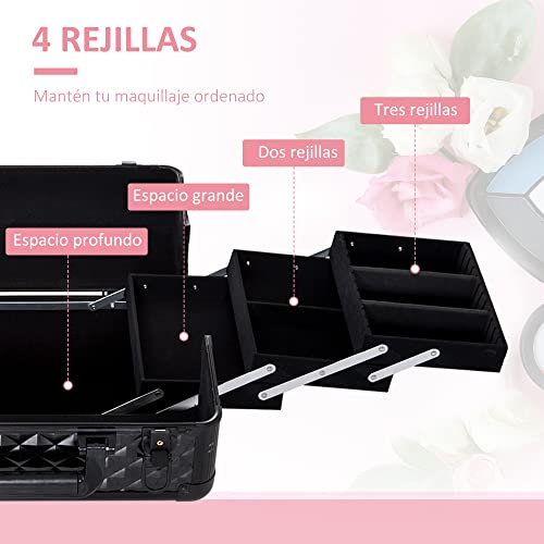 HOMCOM Estuche de Maquillaje Maletín para Maquillaje Organizador Cosméticos Profesional Caja de Belleza Portátil 4 Niveles 35.5x20x25.5cm Aluminio