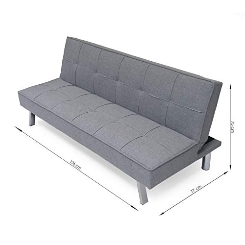 Homely Kiona Sofá Cama - Kohtao | 3 Plazas | Sofa Cama Moderno | Apertura Clic Clac | Sofá Acolchado Cómodo | Sofa de Salón 3 Plazas | Mueble Convertible | 176 cm | Color: Tapizado Tela Gris