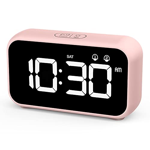 HOMVILLA Despertadores Digitales, Reloj Despertador Digital, Mini Reloj Digital Despertador, Alarma de Espejo Portátil, Alarma con Doble Tiempo de Repetición 4 Niveles de Brillo Regulable (Rosa)