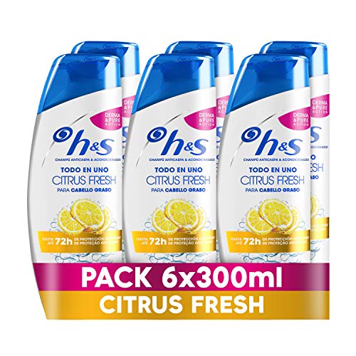 H&S Citrus Fresh Todo En Uno Champú Anticaspa y Acondicionador Para Pelo Graso, 6 x 300 ml