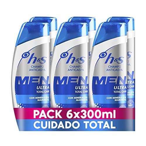 H&S Men Ultra Total Care Champú Anticaspa, Para Un Cuero Cabelludo Limpio, Con Minerales Marinos, 6 x 300 ml
