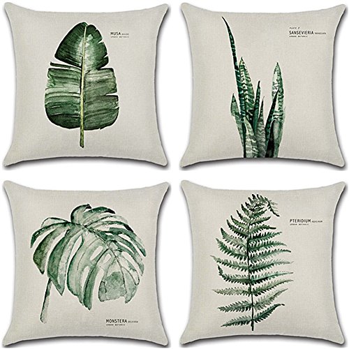 HuifengS - Fundas de cojín cuadradas de lino - decorativas, para sofás o camas - con motivo tropical, de bosque, plantas, juego de 4 fundas de cojín de 45,7 x 45,7 cm