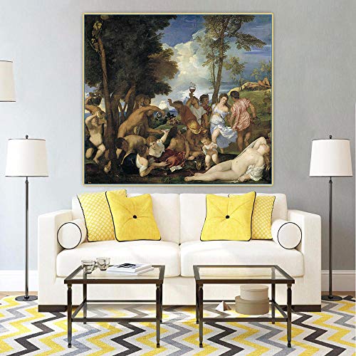 Impresión en lienzo personalizada Tiziano Vecellio, The Bacchanal of the Andrians - Póster de pared de estilo moderno con impresión en lienzo para pasillo de estar, decoración única 40 x 60 cm