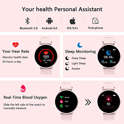 IOWODO Smartwatch Mujer con Oxímetro(SpO2), Reloj Inteligente Impermeable 5ATM con Notificación de Mensajes Esfera Personalizada Pulsometro Sueño ,Pulsera Actividad Inteligente Para IOS Android