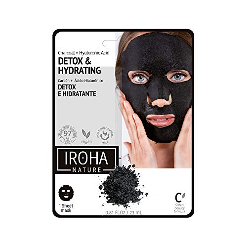 Iroha Nature - Mascarilla Facial DETOX e HIDRATANTE con Carbón y Ácido Hialurónico - Tejido 100% Biodegradable