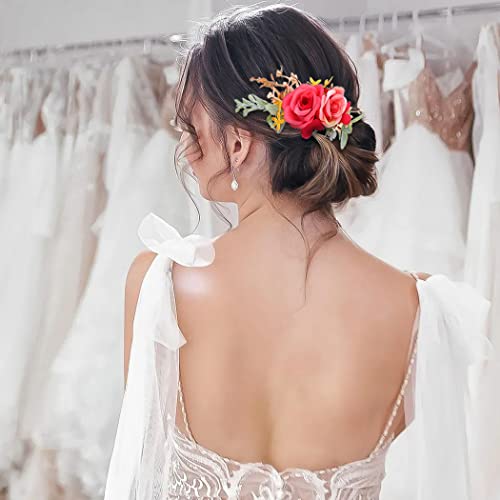 IYOU Rojo Nupcial Peine Artificial Flor Fuente Sale de Paseo Playa Boda Lados Peines Vestido de pelo Accesorios por Novia y Dama de Honor