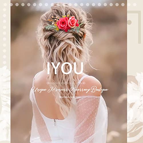 IYOU Rojo Nupcial Peine Artificial Flor Fuente Sale de Paseo Playa Boda Lados Peines Vestido de pelo Accesorios por Novia y Dama de Honor