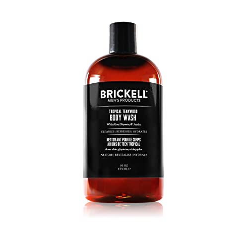 Jabón corporal para hombres Brickell, gel de ducha de limpieza profunda natural y orgánico con aloe, glicerina y aceite de jojoba (Tropical Teakwood, 473 ml)