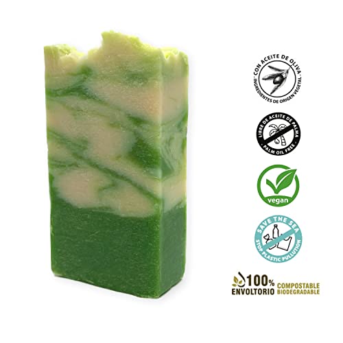 Jabón Natural de Aloe Vera - Jabon de Manos, Cuerpo, y Cara Hidratante y Regeneradora, Pastilla Sólida Ecológica y Artesanal, Fabricado en España, Vegano y Sin Aceite de Palma (100 g)