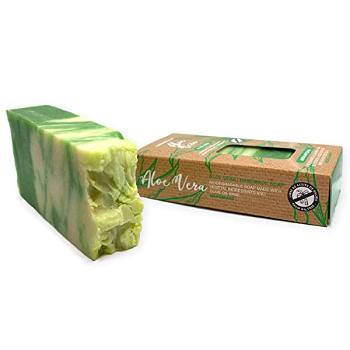 Jabón Natural de Aloe Vera - Jabon de Manos, Cuerpo, y Cara Hidratante y Regeneradora, Pastilla Sólida Ecológica y Artesanal, Fabricado en España, Vegano y Sin Aceite de Palma (100 g)