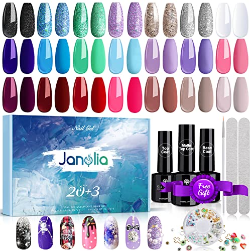 Janolia Esmaltes Semipermanentes 23 pcs, 20 Colores de Uñas en Gel UV LED con Base, Capa Superior Brillante y Mate, para Salón de Uñas en Casa, Juego de Gel de Uñas Perfecto para Principiantes