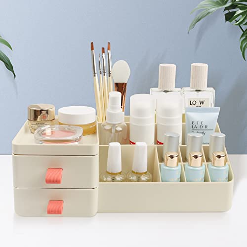 JatilEr Organizador de maquillaje con cajones, organizador de tocador, organizador de cosméticos con compartimentos, caja de almacenamiento de perfume, organizador de belleza silicona (albaricoque)