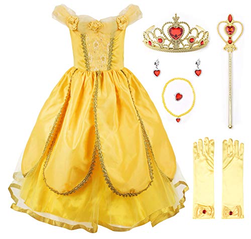 JerrisApparel Niña Princesa Belle Disfraz Tul Fiesta Trajes Vestido (4 años, Amarillo 1 con Accesorios)