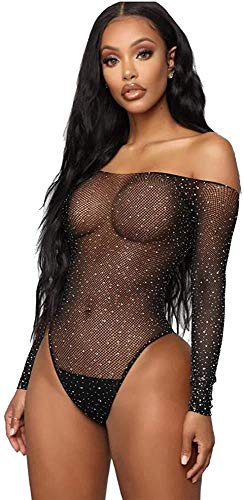 JFAN Lencería para Mujer Encaje Mallas Bodysuit de Diamantes Brillante Bodis de Mujer de Vestir para Fiesta