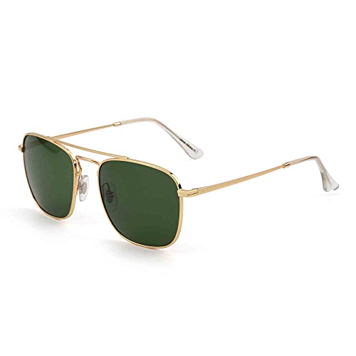 JIM HALO Gafas de Sol Retro Cuadradas Lente de Vidrio de Plano Metal Anteojos Hombre Mujer(Dorado/Verde)