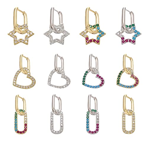 JIUXIAO Pendientes de aro pequeños de Cristal de 1 Pieza Color Dorado/Plateado Corazón Rectangular Redondeado Pendientes de Mujer Ve230-Color Dorado